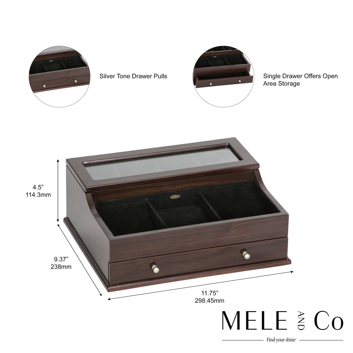 Mele and Co Hampden Men's Glass Top Wooden Dresser Top Valet