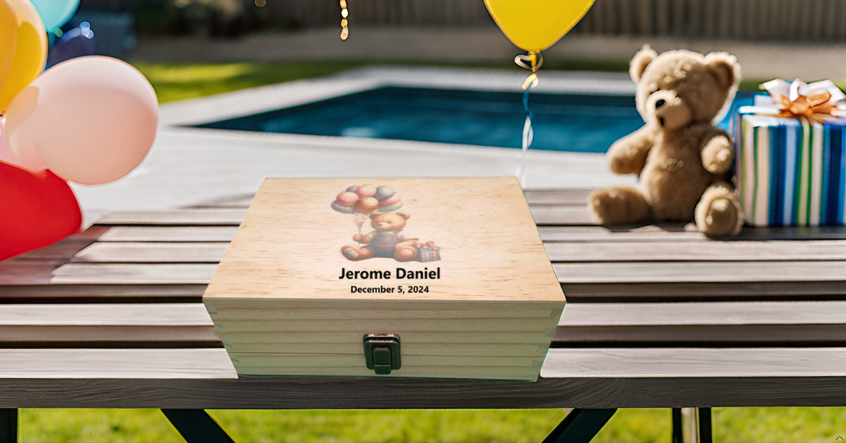 Personalized Medium Newborn Teddy Bear Keepsake Box with Hinged Lid