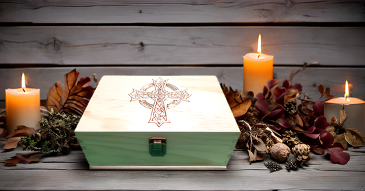 Medium Engraved Wooden Classic Celtic Cross Keepsake Box with Hinged Lid