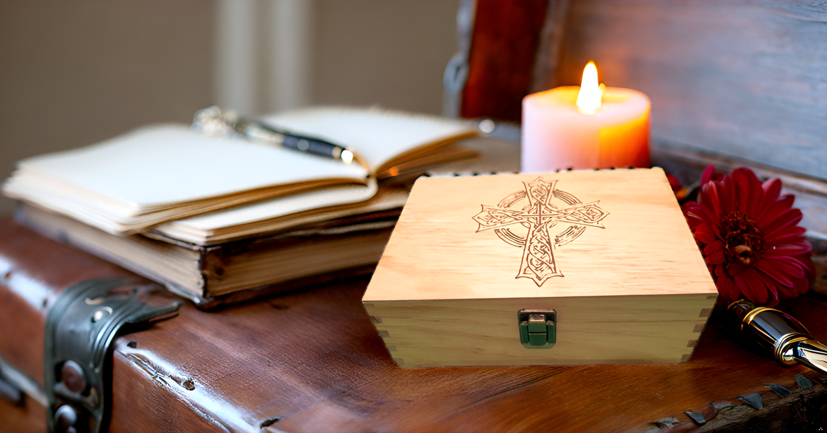 Medium Engraved Wooden Classic Celtic Cross Keepsake Box with Hinged Lid