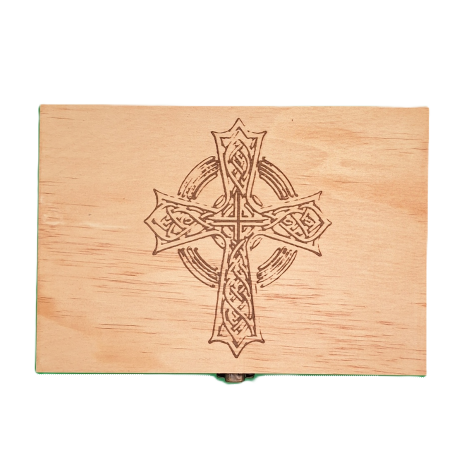 Medium Engraved Wooden Classic Celtic Cross Keepsake Box with Hinged Lid