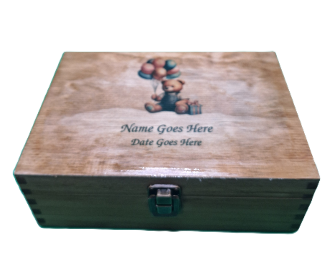 Personalized Medium Newborn Teddy Bear Keepsake Box with Hinged Lid