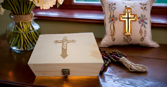 Medium Engraved Wood Keepsake Box - Crucifix