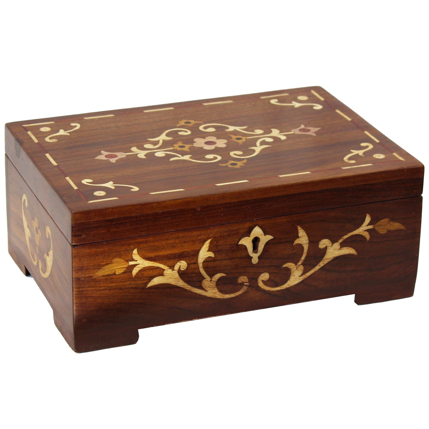 Handmade Rosewood Flower Wooden Decorative Box with Key