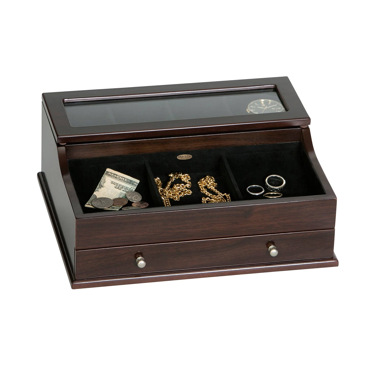 Mele and Co Hampden Men's Glass Top Wooden Dresser Top Valet