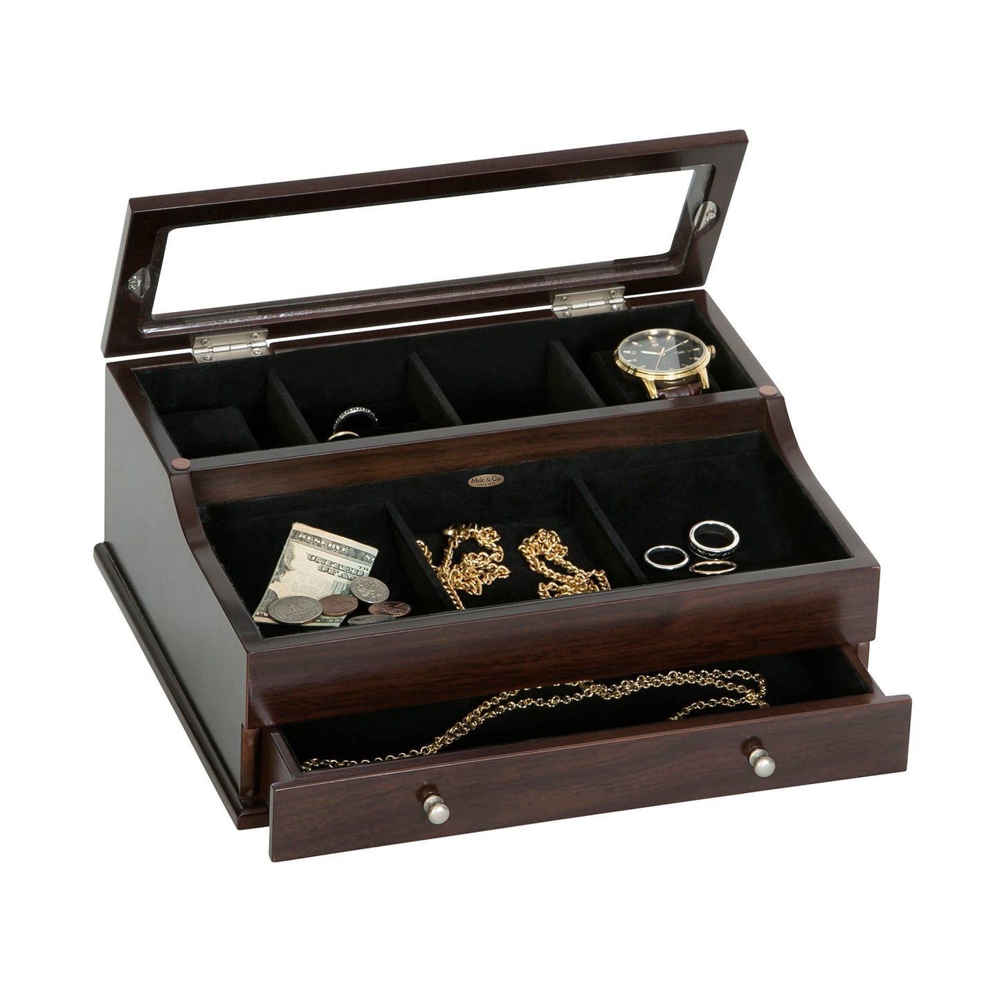 Mele and Co Hampden Men's Glass Top Wooden Dresser Top Valet